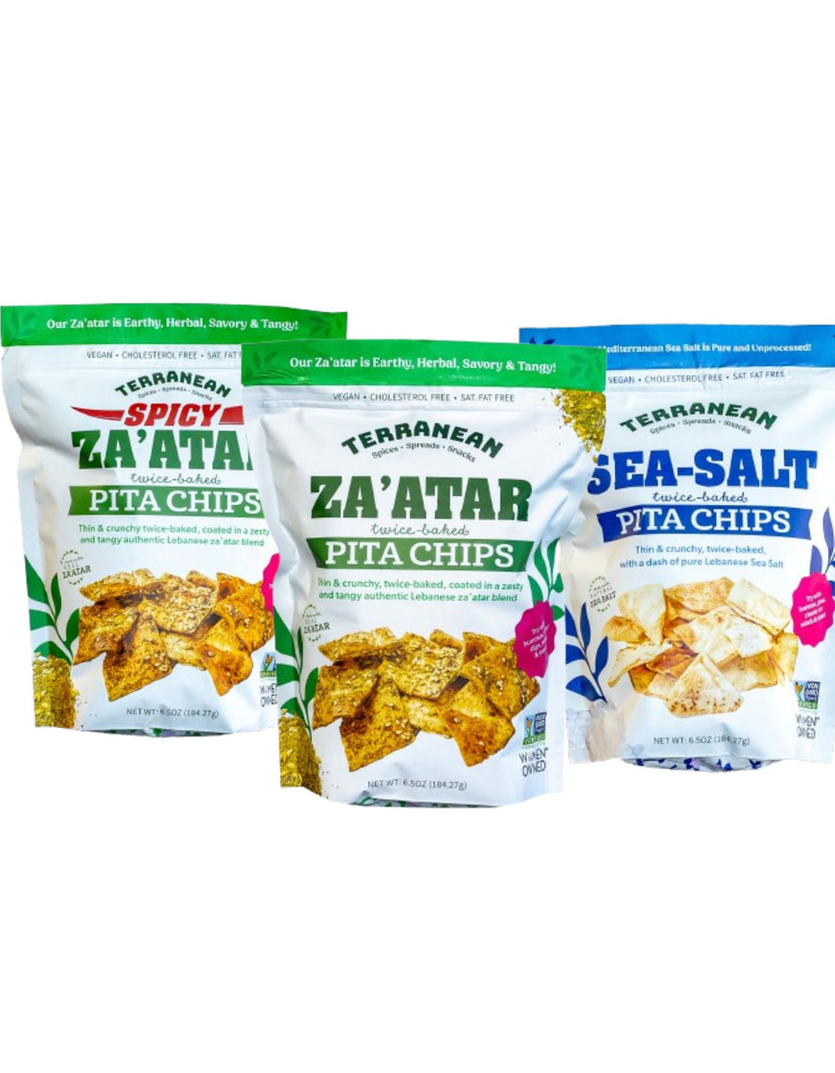 12 Pack Pita Chip Variety (4 Za'Atar Pita Chips, 4 Spicy Za'Atar Pita Chips, 4 Sea Salt Pita Chips)