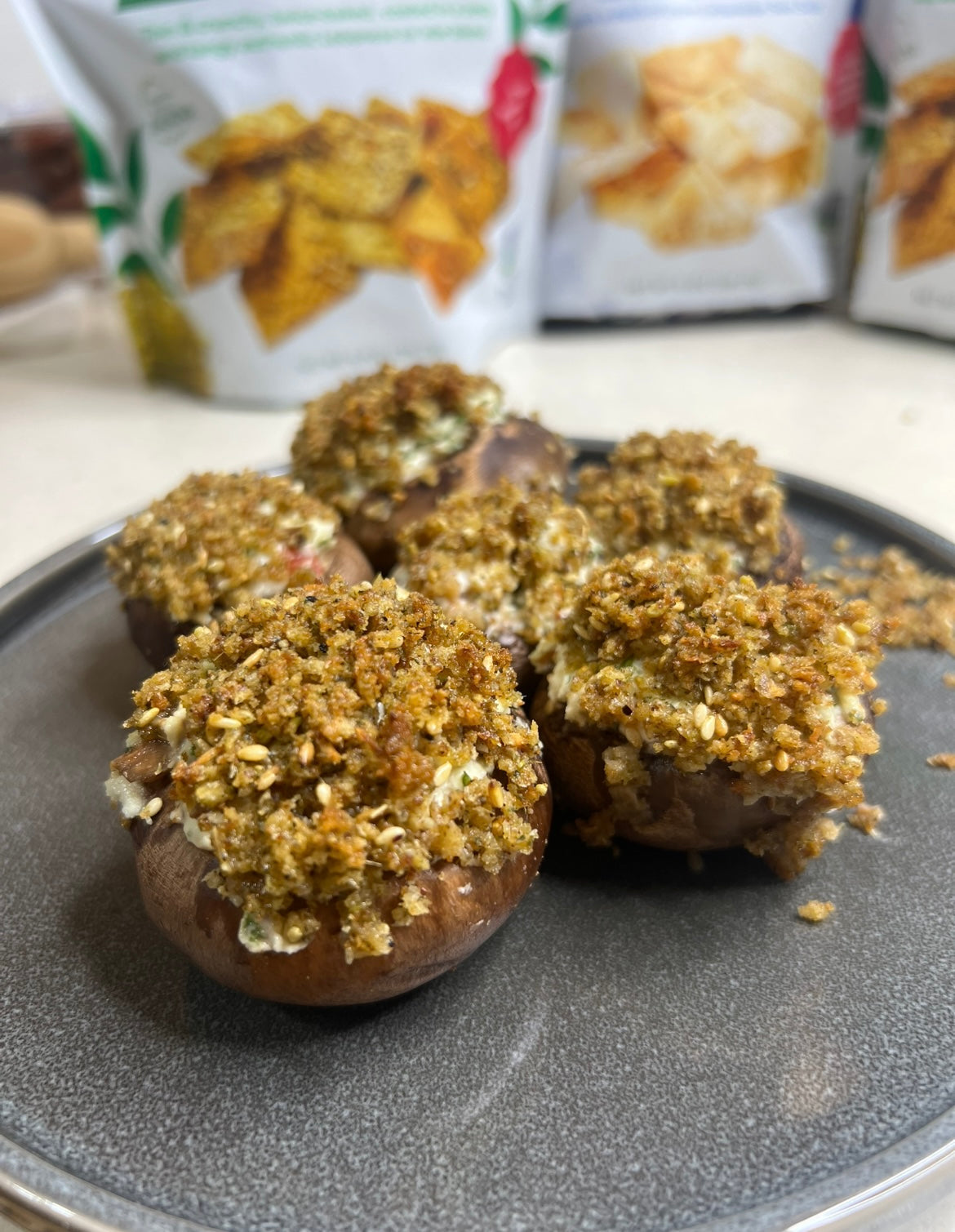 Pita Chip Breadcrumb Stuffed Mushrooms